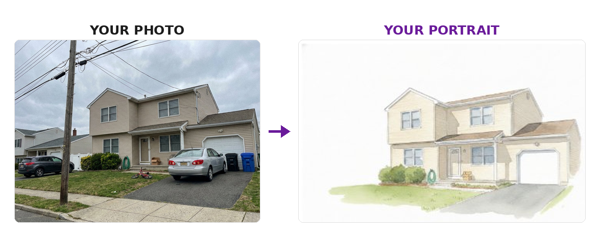 A photo of a suburban house beside the same house rendered as a watercolor portrait, with the parked cars and power lines removed