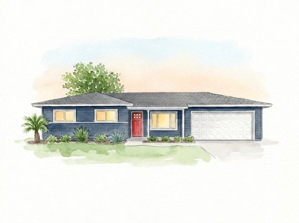 A navy single-storey house with a red front door, painted as a soft watercolour architectural portrait