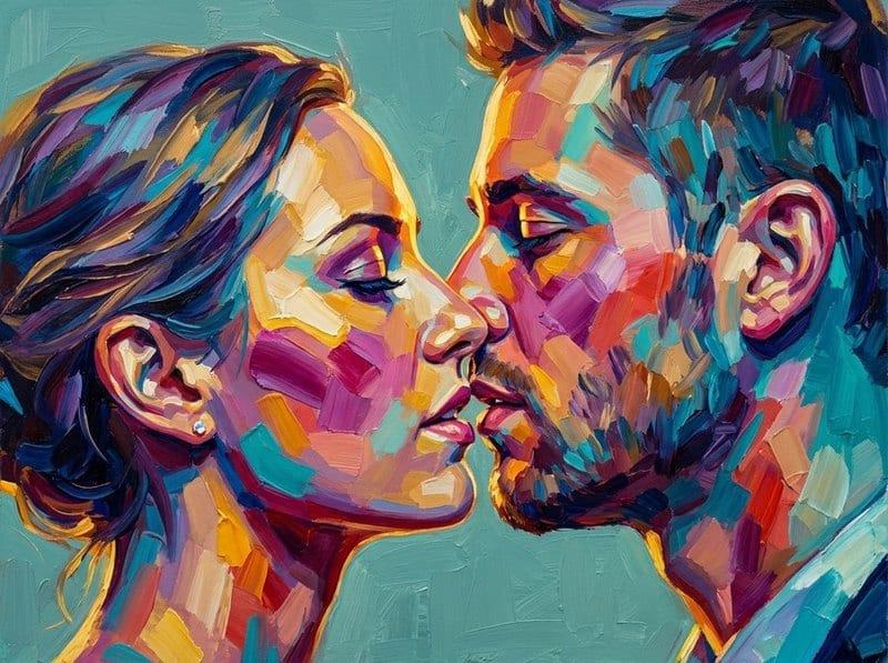 A couple in profile about to kiss, built from thick multicoloured palette-knife strokes on teal