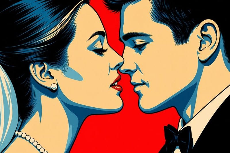 Two faces in profile almost touching, in the Timeless Embrace pop-art style using bold red, blue and cream