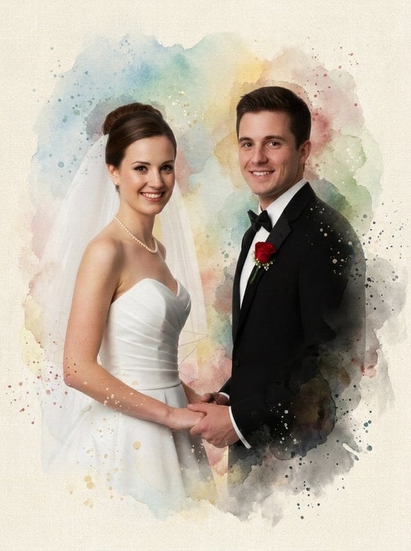 A bride and groom painted in watercolour, framed by a soft wash of pastel colour on cream