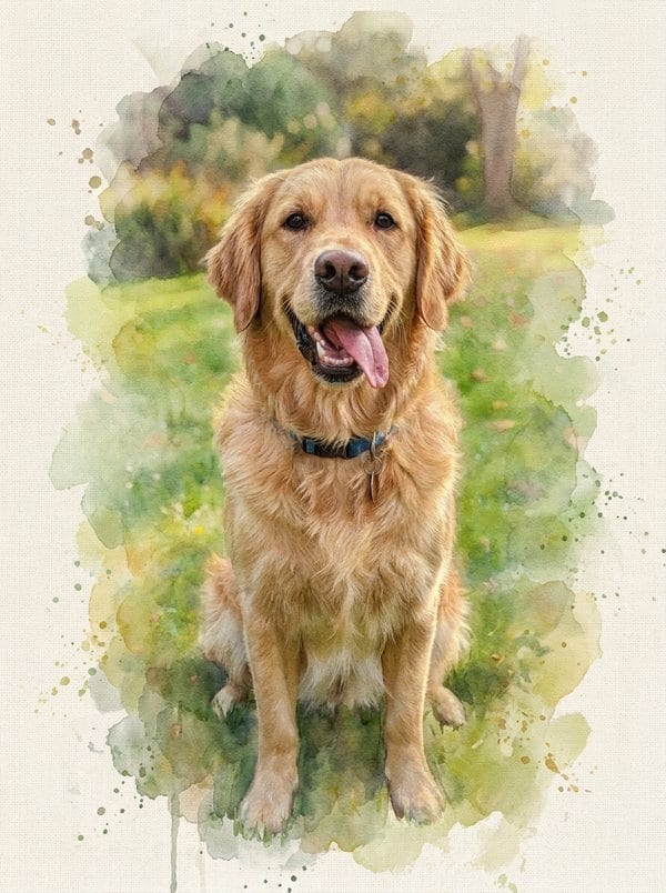 A golden retriever painted in the watercolor style, sitting on grass with a soft green wash behind