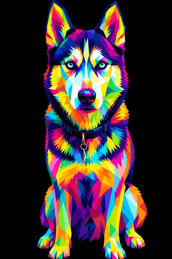A husky rendered in the WPAP style — flat geometric facets in saturated neon colour against black
