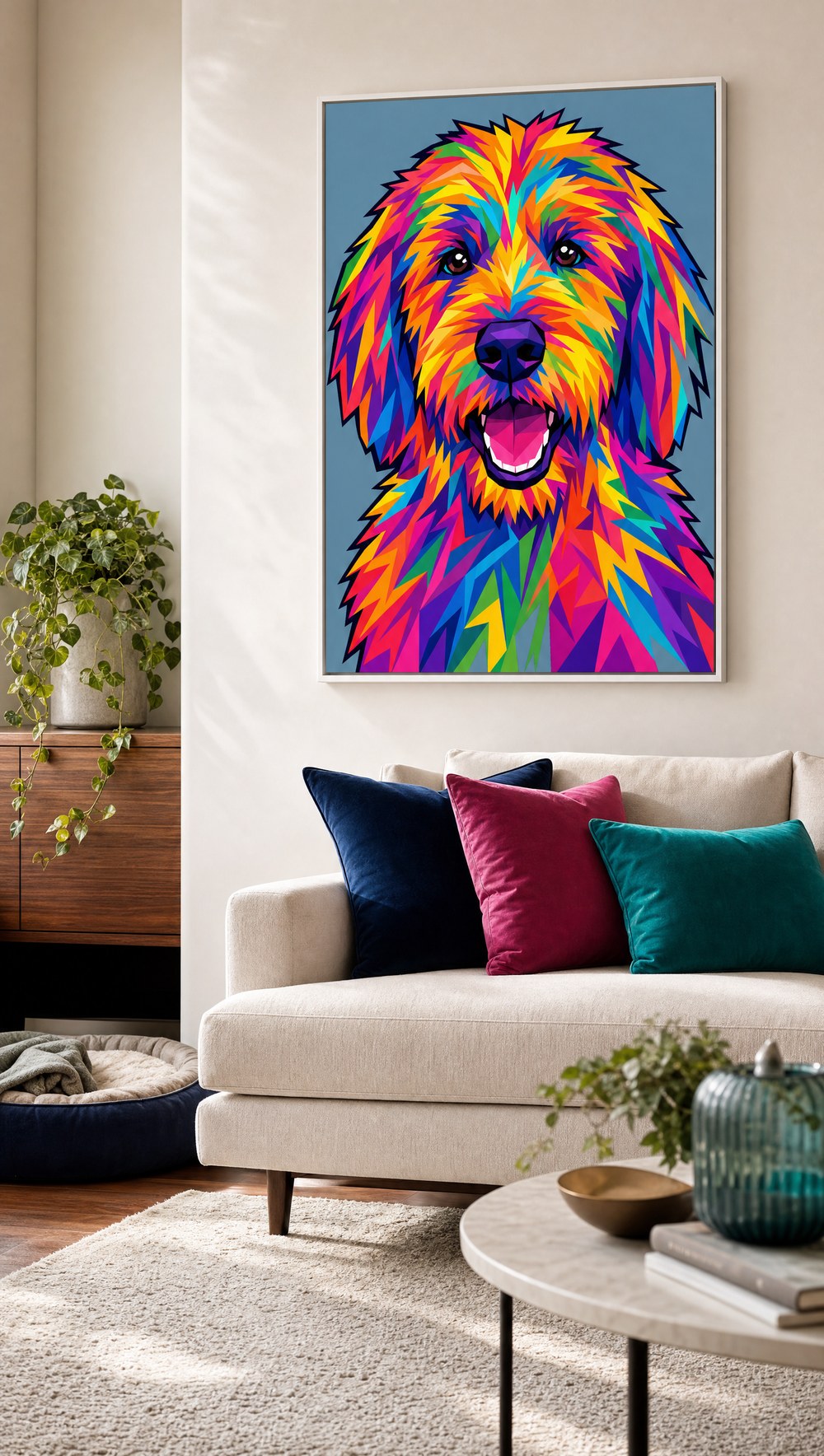A goldendoodle rendered as a WPAP portrait in bold geometric colour facets
